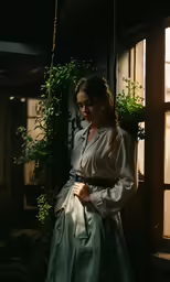 the girl is dressed in a long green coat