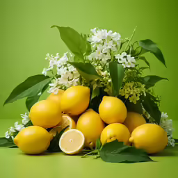a bunch of lemons with white flowers sitting next to each other
