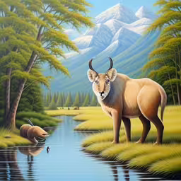 a painting of an elk and a fish next to the mountain,an oil painting of a stagna looking at another stagna,an animal that is looking at another animal,an animal with long horn standing in a lake,an image of animals in the wild with reflections on water