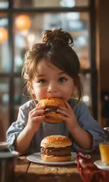 a young girl eating hamburger in a restaurant