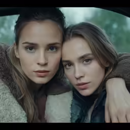 two girls hugging and looking into the camera