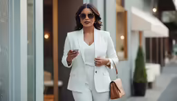 a woman in white suit and sunglasses walking down the street