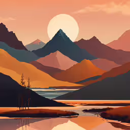 a painting of mountains is shown with the sun rising over them,a stylized image of a scenic landscape of mountains in the background