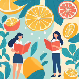 two women reading books while surrounded by fruit