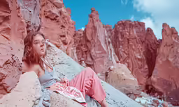 a woman is laying on the rocks with her surfboard