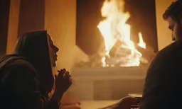 two people sitting near a fireplace and having drinks