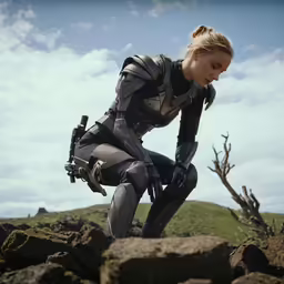 a woman in a full body armor crouches on rocks