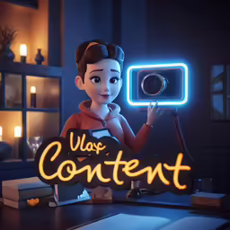 a cartoon character holding a camera in the shape of a word