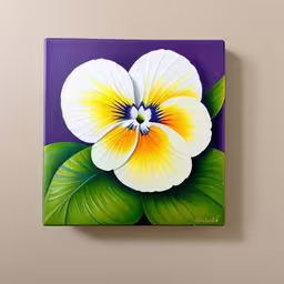 there is a purple and yellow flower with leaves,white and yellow flower on purple background mounted to wall