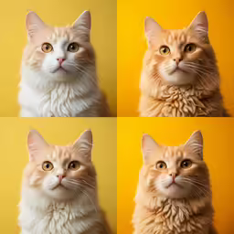 four pictures of a fluffy orange cat with white fur