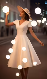 a woman in a white dress is holding her hat and looking at the lights