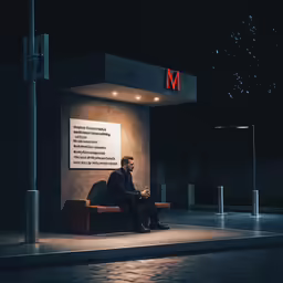 a man is sitting on a bench outside in the dark