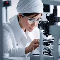 woman in white coat and glasses at table looking through glass