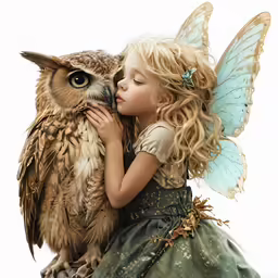 a little girl is kissing an owl with a green dress