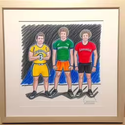 a drawing of three boys in football uniforms,an artistic drawing of three people on a track