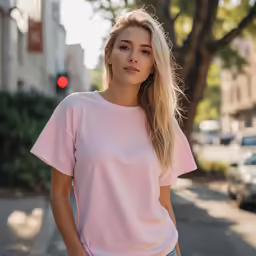 a woman standing on the sidewalk in the city