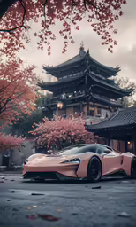 a car parked on the side of a road next to some flowers