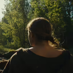 a woman is walking in a clearing, in the sun