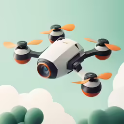 a small flying airplane above some clouds with orange propellers