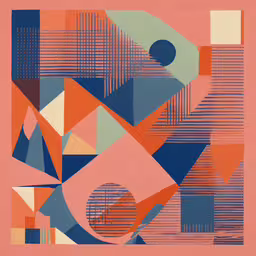 a painting with abstract shapes on pink background,an abstract art print with bright geometric shapes