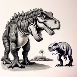 an illustration of two dinosaurs in different poses,an image of two dinosaurs in different positions,two dinosaurs with one standing up, the other walking away,a large dinosaur next to a smaller one,a dinosaur and t - shirt print featuring a baby dinosaur
