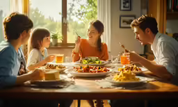 four adults and two children sit at a table eating food