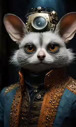 a white and black cat wearing a golden helmet