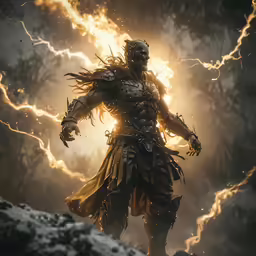 god is a person with his hands on his hips and the head up as a strange creature, on which stands lightning