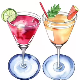 two different cocktails on plates with one on the side,there is a watercolor drawing of some drinks on the table