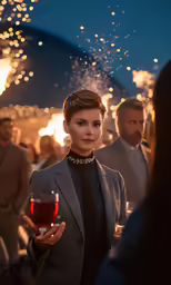 a woman with an elegant choker holding a glass of wine