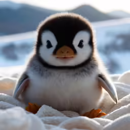 a small penguin is sitting in the snow