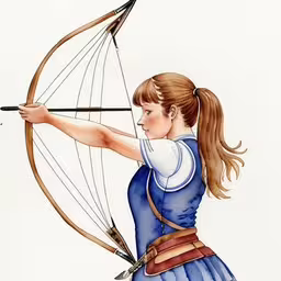 an artist is showing her work on how to draw a bow,a woman in a dress is shooting with a bow
