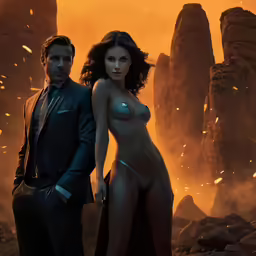a young man and woman dressed in black with desert rocks in the background