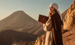 woman with scarf, shawl and hat in desert