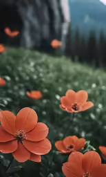 a field full of orange flowers in the sun