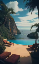 a beautiful swimming pool with two sun lounge chairs