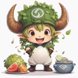 a cartoon character standing next to vegetables