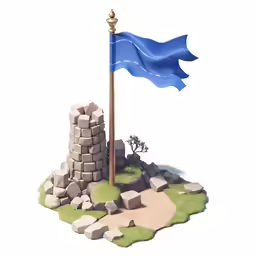 a small lighthouse next to a blue flag