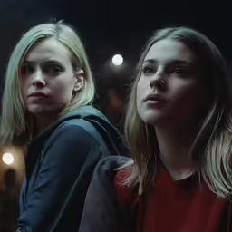 two women sitting next to each other in a dark room
