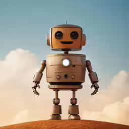 the small robot has his eyes closed and is standing in front of a cloudy blue sky