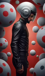 a man in a helmet and black jacket stands in front of a wall of balls