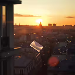 an airplane flies over the sunset behind a building,a envelope is flying on a sunny day