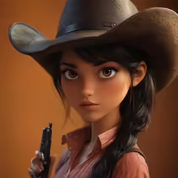 a girl in a cowboy hat is holding a gun
