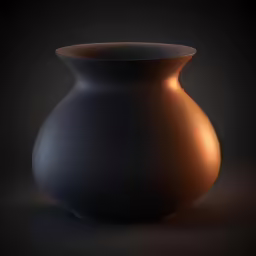 a black vase with a brown rim sitting on a brown table