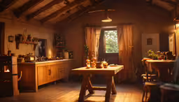 the sun shines on the kitchen table, and wooden chairs,an old rustic home interior that looks inviting