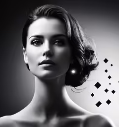 a woman looking straight ahead with an abstract pattern in the background