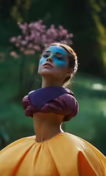 a woman is standing in a field while wearing blue and yellow makeup
