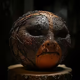 a sculpture with eyes, nose and mouth is displayed