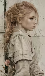a young woman with long red hair leaning against a wall
