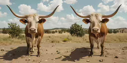two cows standing in a field under a cloudy sky
